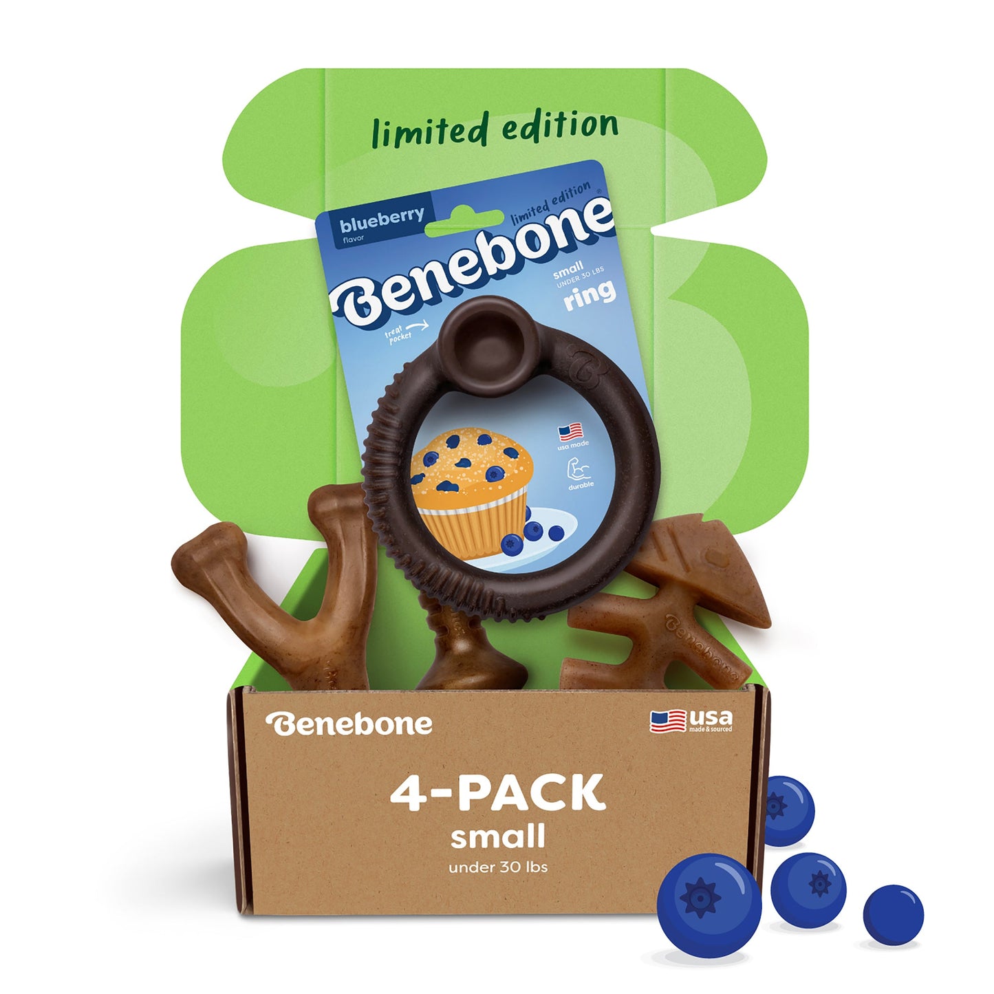 Open Benebone Limited Edition Blueberry Chew Collection 4-Pack box with four durable dog toys, including a blueberry ring toy, in front of a green background; packaging features a blueberry muffin image and limited edition label.