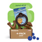 An open Benebone Limited Edition Blueberry Chew Collection (4-Pack) box for small dogs under 30 lbs shows four brown dog toys, a blueberry-flavored chew ring, three small blue pieces, and a green box lid.