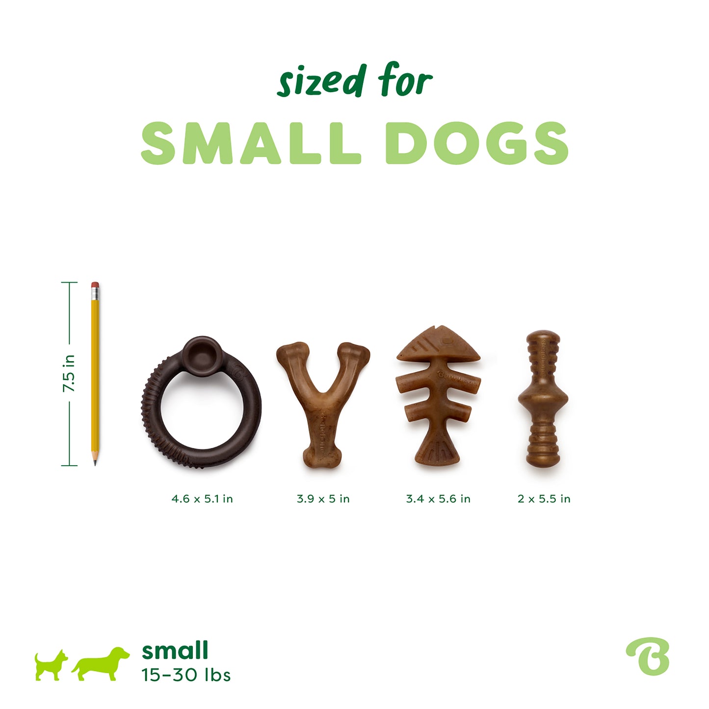 Four durable Benebone Limited Edition Chew Collection (4-Pack) dog toys in various shapes and sizes are shown next to a pencil for scale. Text notes they’re sized for small dogs weighing 15–30 lbs.