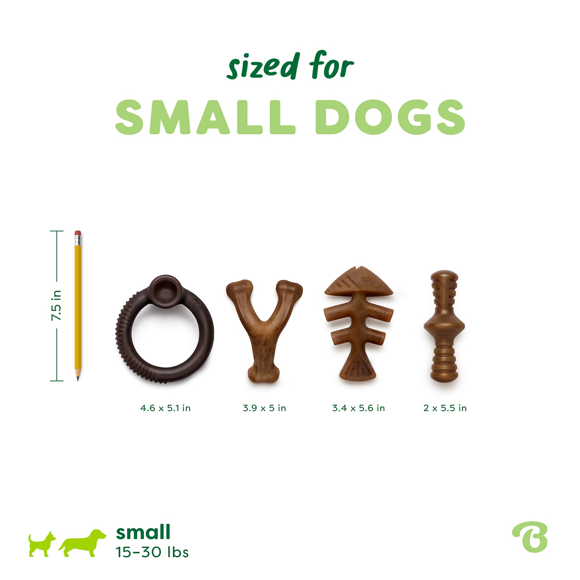 Four durable Benebone Limited Edition Chew Collection (4-Pack) dog toys in various shapes and sizes are shown next to a pencil for scale. Text notes they’re sized for small dogs weighing 15–30 lbs.