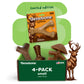 A green box labeled Benebone Limited Edition Venison Chew Collection (4-Pack) contains four brown, wishbone-shaped durable dog chew toys. The packaging features a deer and highlights these as limited edition venison flavor dog toys for your pet.