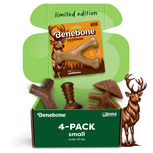 A green box labeled Benebone Limited Edition Venison Chew Collection (4-Pack) contains four brown, wishbone-shaped durable dog chew toys. The packaging features a deer and highlights these as limited edition venison flavor dog toys for your pet.