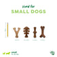 Four Benebone Limited Edition Venison Chew toys of different shapes are shown next to a pencil for scale, each labeled with their dimensions. Text on the white background reads “sized for SMALL DOGS” and “small 15–30 lbs” alongside small dog icons. These limited edition Benebone dog toys are designed as durable chew toys, perfect for your petite pup.