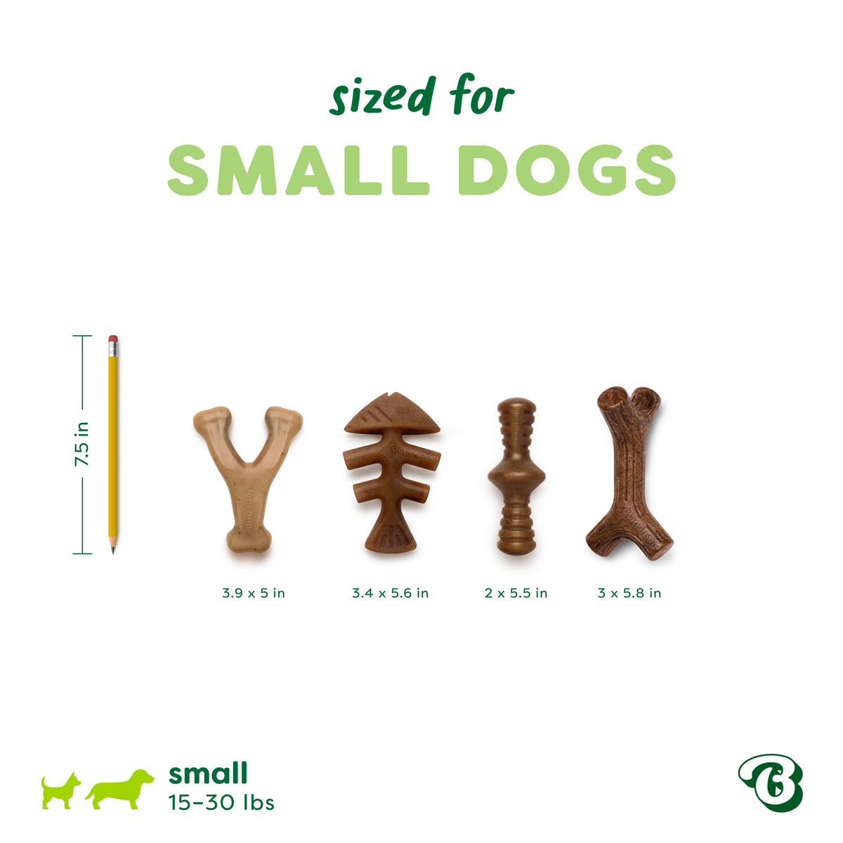 Four Benebone Limited Edition Venison Chew toys of different shapes are shown next to a pencil for scale, each labeled with their dimensions. Text on the white background reads “sized for SMALL DOGS” and “small 15–30 lbs” alongside small dog icons. These limited edition Benebone dog toys are designed as durable chew toys, perfect for your petite pup.