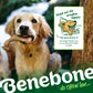 A golden retriever holds a Benebone chew toy in its mouth outside. An illustrated sign reads “head out the window happy.” At the bottom, the brand name Benebone and the slogan “its CHEW love” highlight their Limited Edition Venison Chew Collection (4-Pack), durable dog chew toys crafted to bring joy to every adventure.
