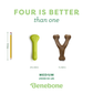 Three items shown: a pencil (7.5 in), a yellow chew (2.5 x 6.9 in), and a brown Y-shaped Benebone toy (5 x 6.8 in). Text: FOUR IS BETTER than one, MEDIUM UNDER 60 LBS, Chew & Chase Collection by Benebone—now 50% off!.