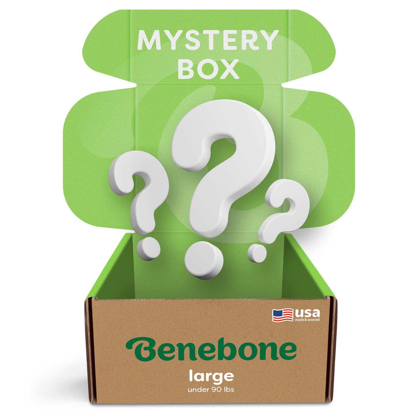 A Benebone Mystery Box for dogs under 90 lbs sits open, revealing "MYSTERY BOX," dog toys, and large question marks on green inner flaps. A small USA flag icon on the front hints at the durable dog toys inside.