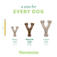 Three Benebone Mystery Box dog chew toys in small, medium, and large are shown next to a pencil for scale. Each durable toy is labeled with recommended weight and dimensions. Benebone: a size for every dog appears at the top.