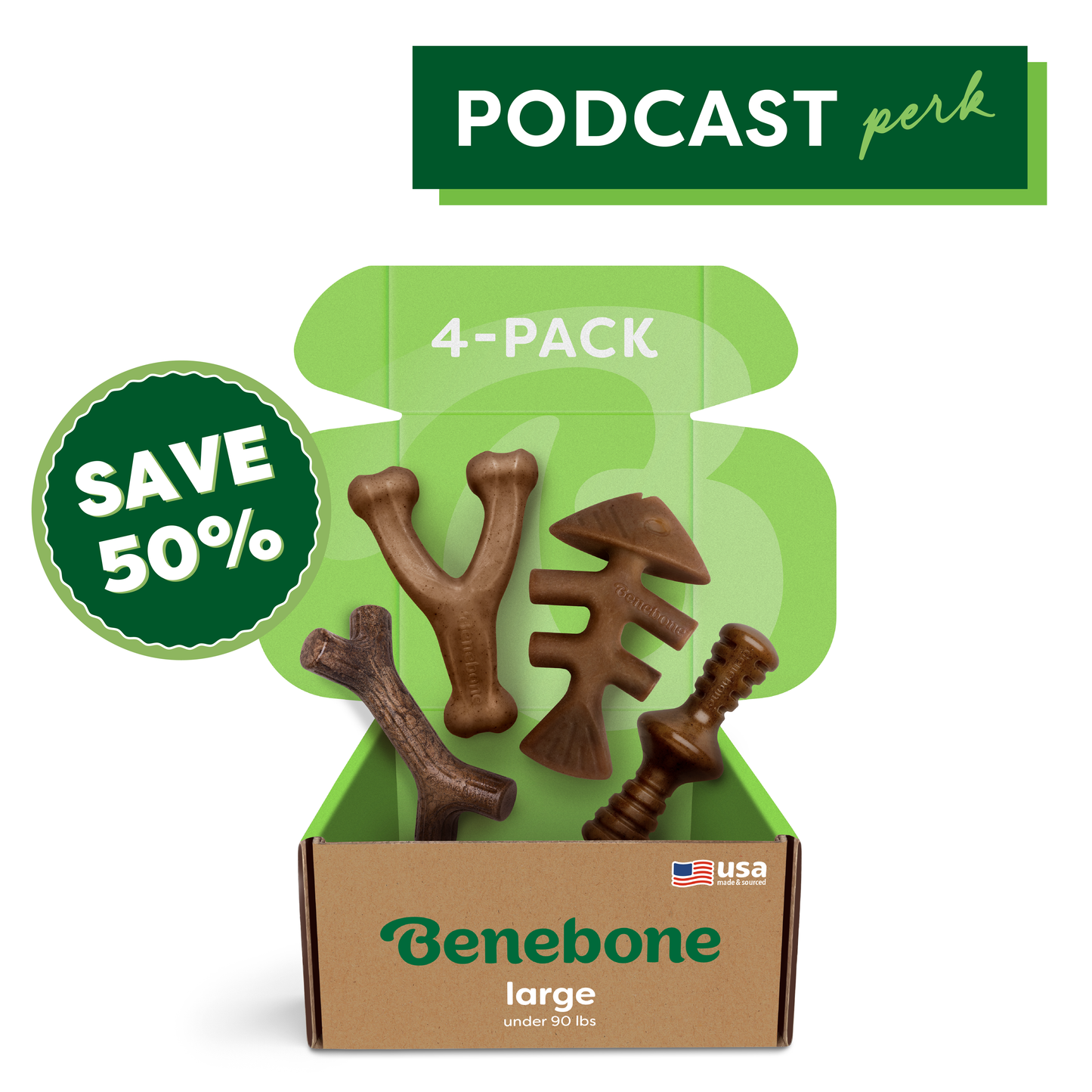 Open green Benebone box displays four durable Classic Chew Collection toys. Text: “PODCAST perk,” “4-PACK,” “SAVE 50%,” and “Benebone large under 90 lbs” with a small USA flag.