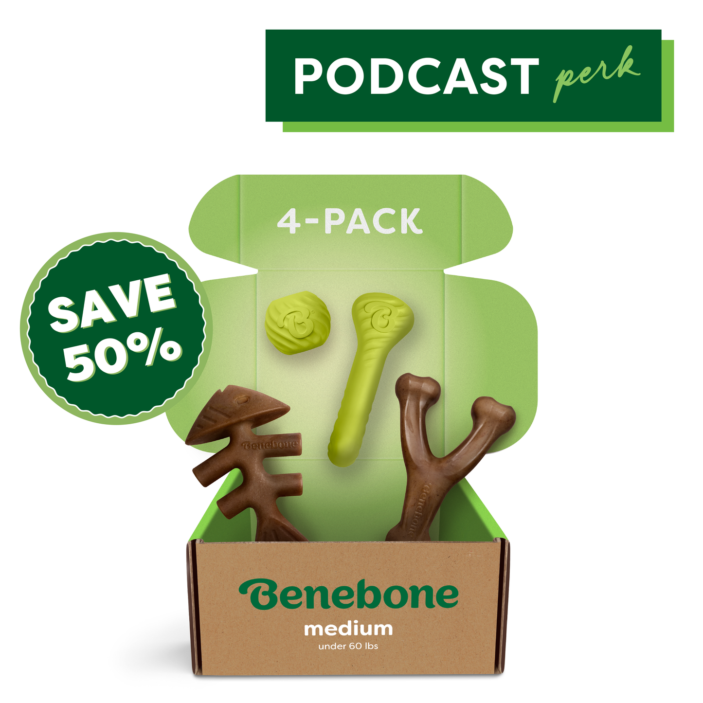 Open Benebone Chew & Chase Collection box (for dogs under 60 lbs) with four assorted nylon chews, 4-PACK text, PODCAST perk and SAVE 50% badges. Brand: Benebone.