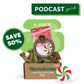 The Benebone Limited Edition Chew Collection (50% off) is a large dog chew toy 4-pack with a peppermint ring. A green PODCAST perk and SAVE 50% banner appear top left, plus a peppermint candy graphic at the bottom right.