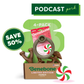A green box labeled “Benebone Limited Edition Chew Collection (50% off)” features four durable dog toys and a peppermint-themed toy. “4-PACK,” “SAVE 50%,” and “PODCAST perk” appear at the top right.