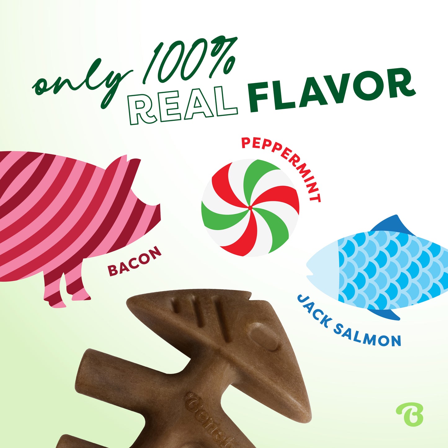 A fish-shaped dog treat appears below icons of pig, peppermint, and salmon, with “100% REAL FLAVOR: BACON, PEPPERMINT, JACK SALMON”—perfect with Benebone’s Limited Edition Chew Collection (50% off).