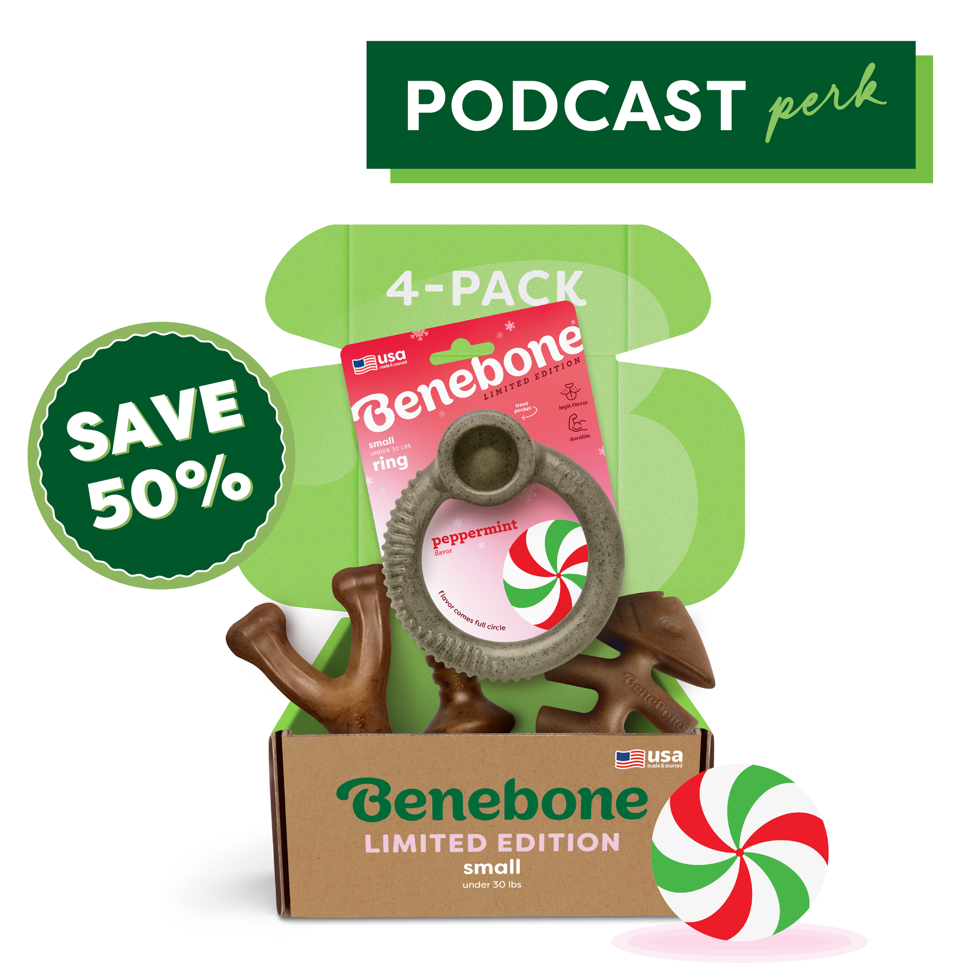 Open green Benebone box contains four durable dog chew toys, including a peppermint ring. Text: PODCAST perk, Limited Edition Chew Collection (50% off), 4-PACK. Peppermint candy illustration appears in the corner.