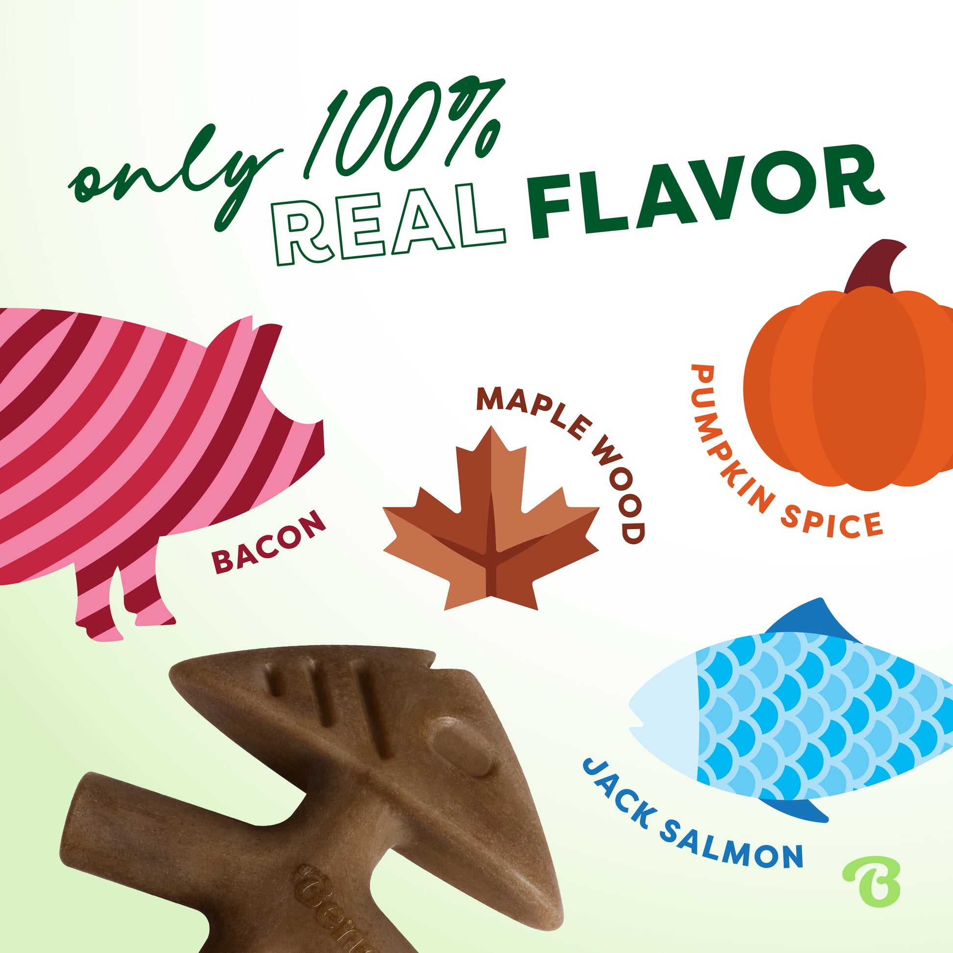Illustration featuring icons for bacon, maple wood, pumpkin spice, and jack salmon flavors from Benebone’s Limited Edition Chew Collection (4-Pack), marked with 100% real flavor text and a brown animal-shaped durable dog toy.