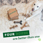 A white dog lounges on a fluffy rug beside two Benebone boxes and four uniquely shaped chews from the Benebone Limited Edition Pumpkin Spice Chew Collection 4-Pack. Text reads, “Four bones are better than one.”.