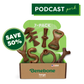 Open Benebone box labeled "Complete Chew Collection (50% off)" holds 7 durable dog chew toys. A green badge reads "SAVE 50%," “7-PACK” appears above, and a “PODCAST perk” banner is in the top right.