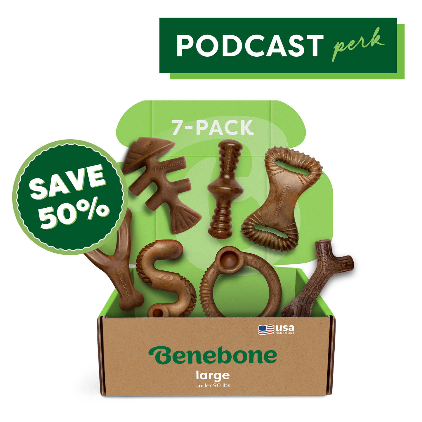 Open Benebone box labeled "Complete Chew Collection (50% off)" holds 7 durable dog chew toys. A green badge reads "SAVE 50%," “7-PACK” appears above, and a “PODCAST perk” banner is in the top right.