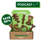 A Benebone Complete Chew Collection (50% off) box displays seven durable dog chew toys. A "7-PACK" and green "SAVE 50%" badge appear, with a medium/under 60 lbs label. A PODCAST perk banner sits at the top right.