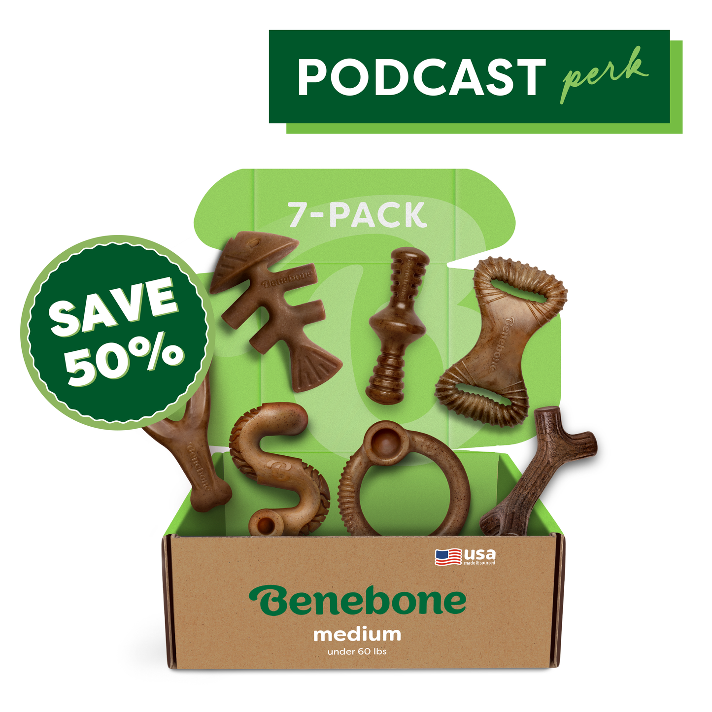 A Benebone Complete Chew Collection (50% off) box displays seven durable dog chew toys. A "7-PACK" and green "SAVE 50%" badge appear, with a medium/under 60 lbs label. A PODCAST perk banner sits at the top right.