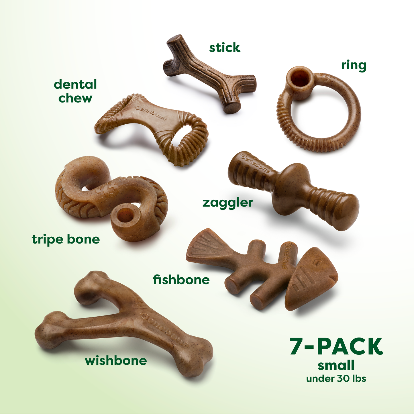 Benebone Complete Chew Collection (7-Pack): seven durable chew toys in different shapes—stick, ring, dental chew, tripe bone, zaggler, fishbone, and wishbone—labeled small for dogs under 30 lbs on a white background.