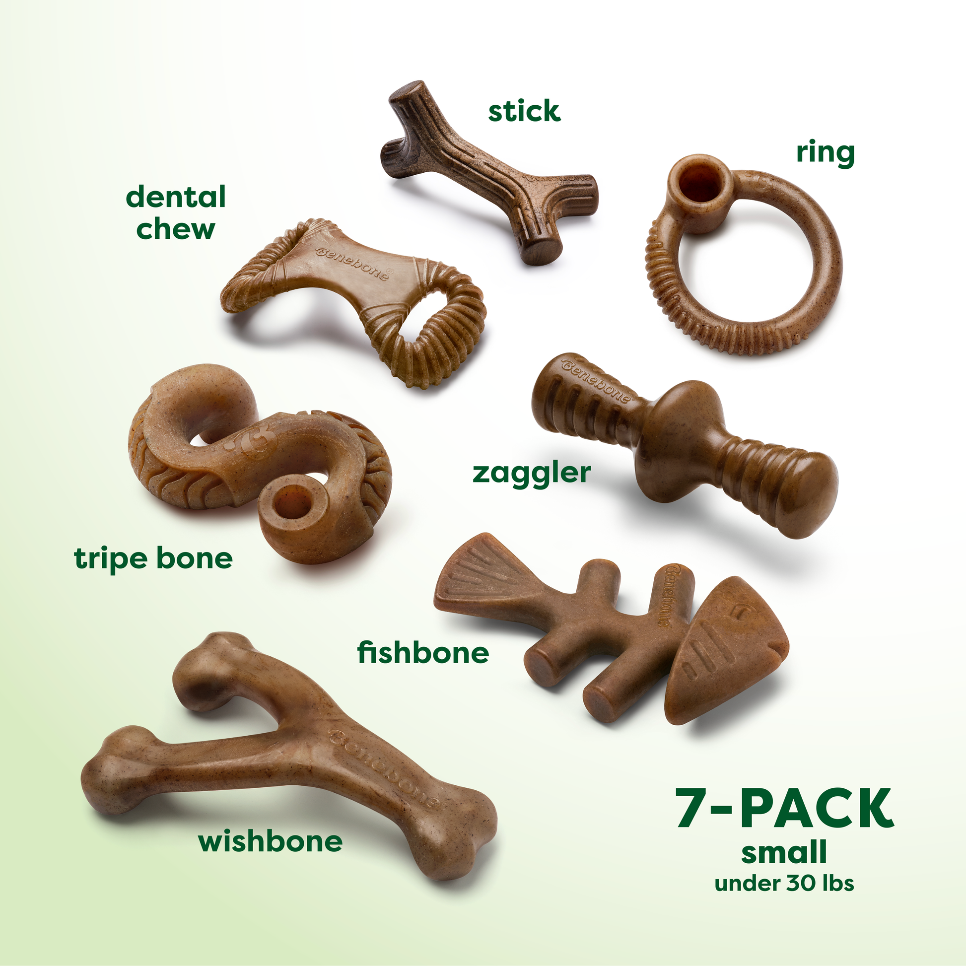 Benebone Complete Chew Collection (7-Pack): seven durable chew toys in different shapes—stick, ring, dental chew, tripe bone, zaggler, fishbone, and wishbone—labeled small for dogs under 30 lbs on a white background.