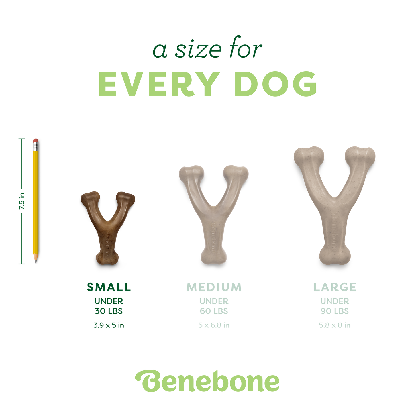 The Benebone Complete Chew Collection (7-Pack) includes durable nylon dog chews for dogs under 30, 60, and 90 lbs, shown next to a pencil for scale—offering a perfect size for every dog.
