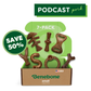 A Benebone Complete Chew Collection (50% off) box contains seven durable dog chew toys in assorted shapes. “7-PACK,” “SAVE 50%,” and “PODCAST perk” appear on a green banner in the top right corner.