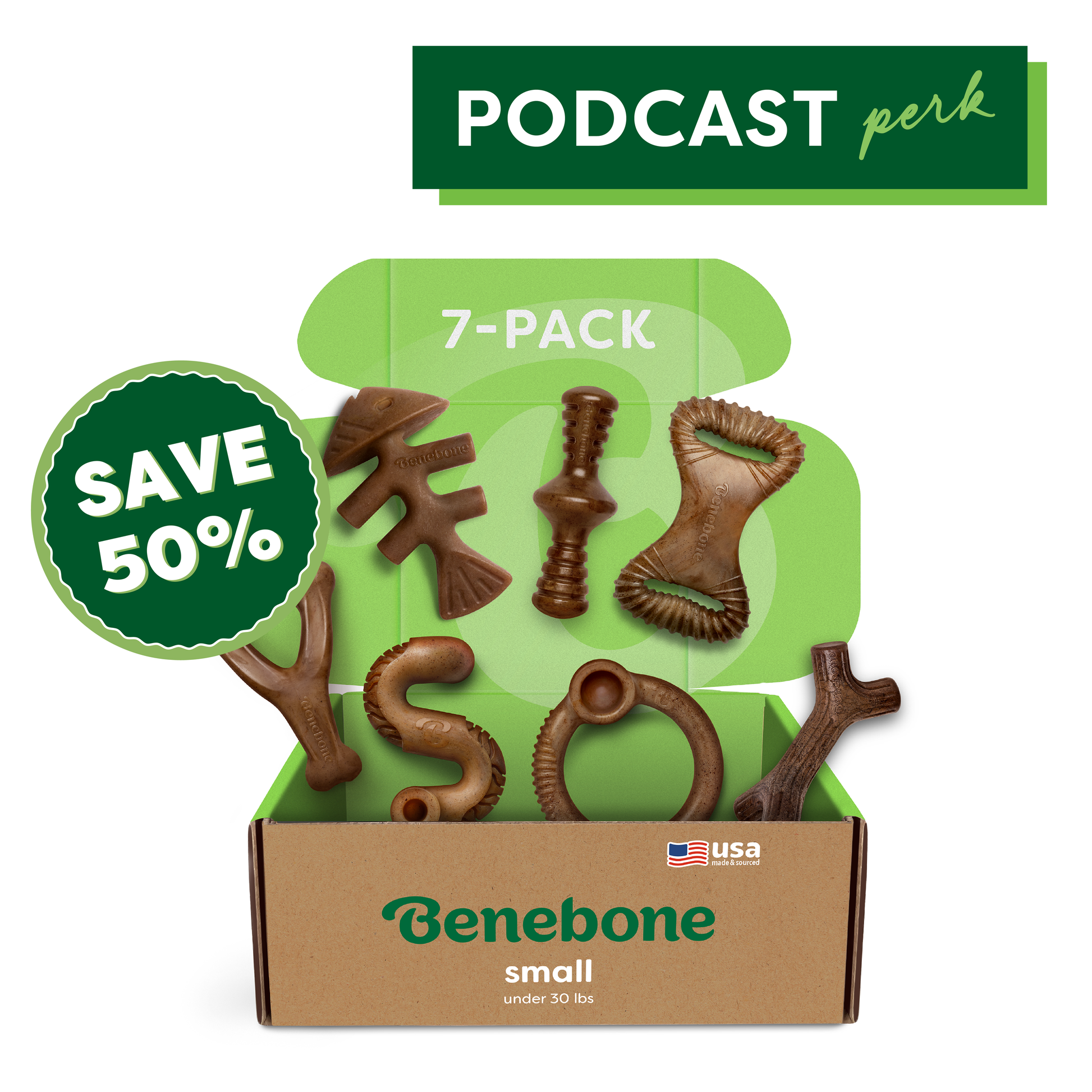 A Benebone Complete Chew Collection (50% off) box contains seven durable dog chew toys in assorted shapes. “7-PACK,” “SAVE 50%,” and “PODCAST perk” appear on a green banner in the top right corner.