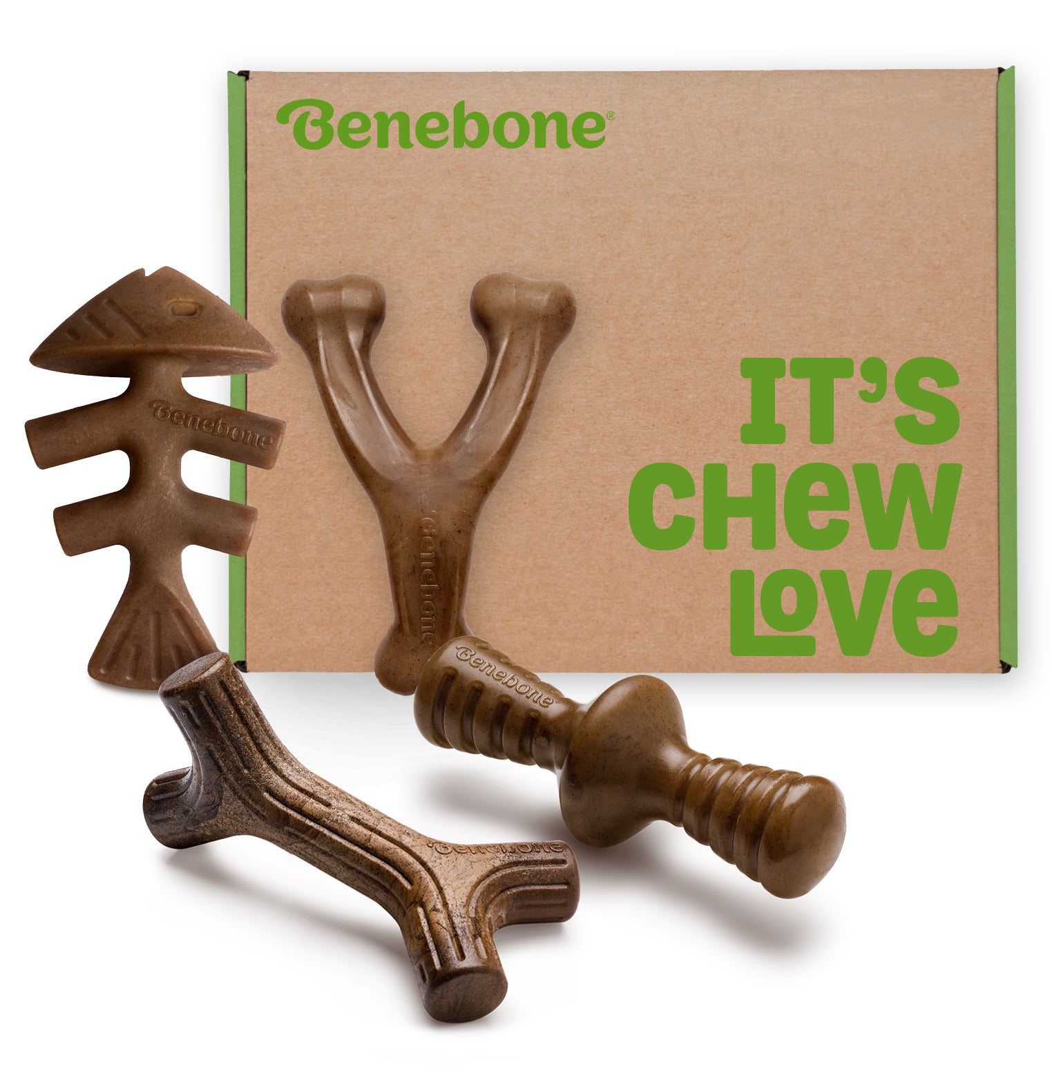 Box with text "It's Chew love" and Benebone Benebone holiday gift box with wishbone, maplestick, fishbone and rubber zaggler