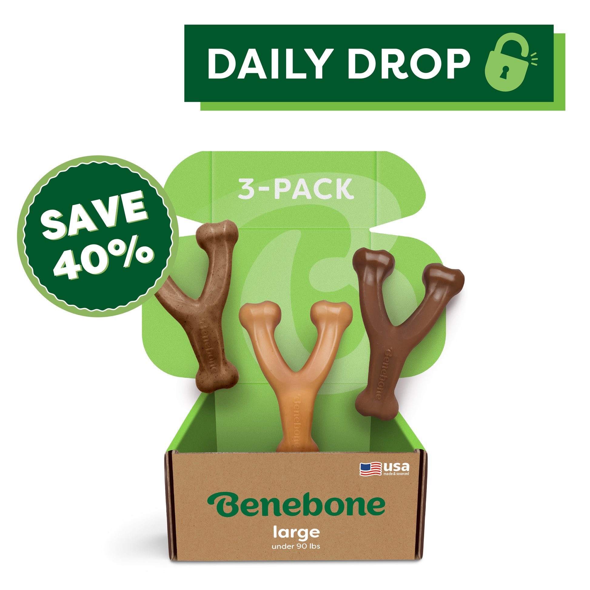 A Benebone Wishbone Trio (3-Pack) for large dogs is displayed in an open box with three durable chew toys in assorted browns. A green “Save 40%” badge and “Daily Drop” banner appear above the product.