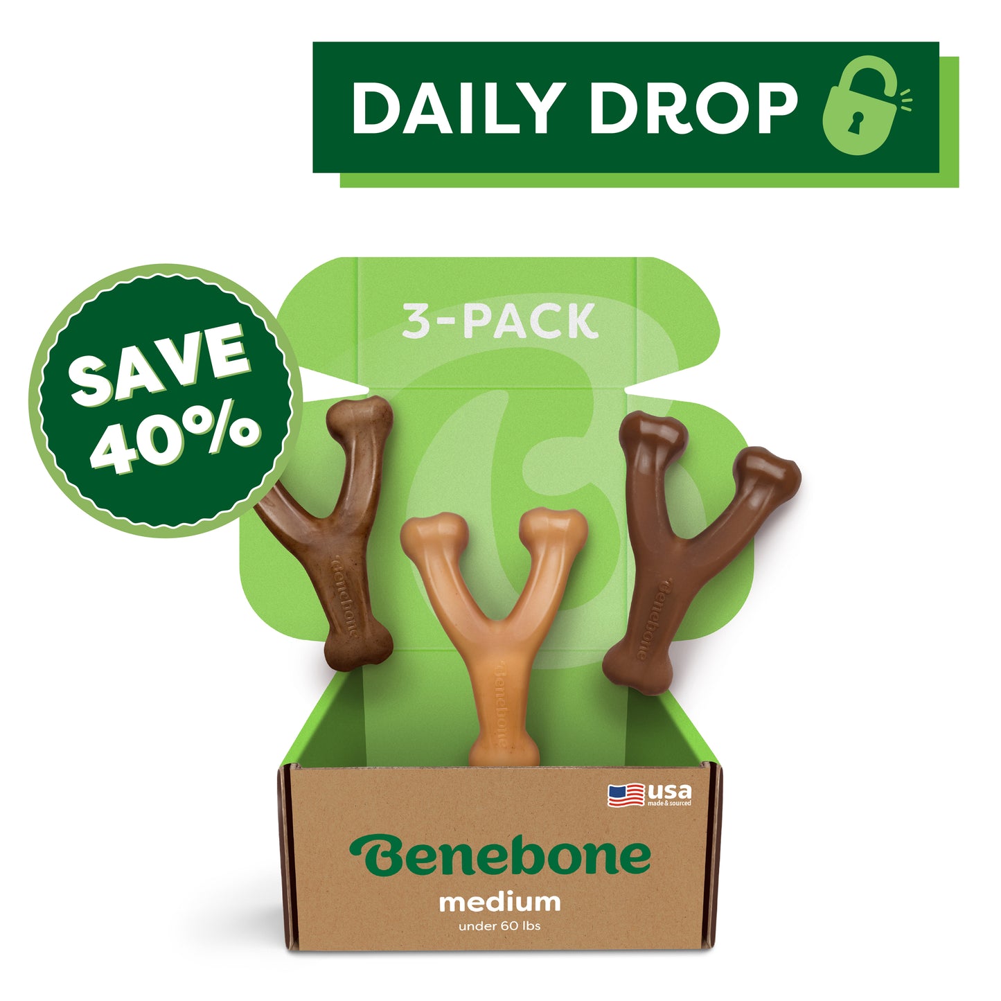 A Benebone Wishbone Trio (3-Pack) box features three durable dog toys. The image shows “SAVE 40%” and “3-PACK,” with a Daily Drop banner in the top right corner.