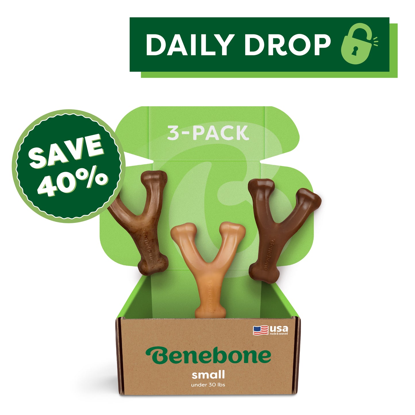 A Benebone Wishbone Trio (3-Pack) box contains three durable dog chew toys for small dogs under 30 lbs. A "Save 40%" badge and "Daily Drop" banner appear above the open box.