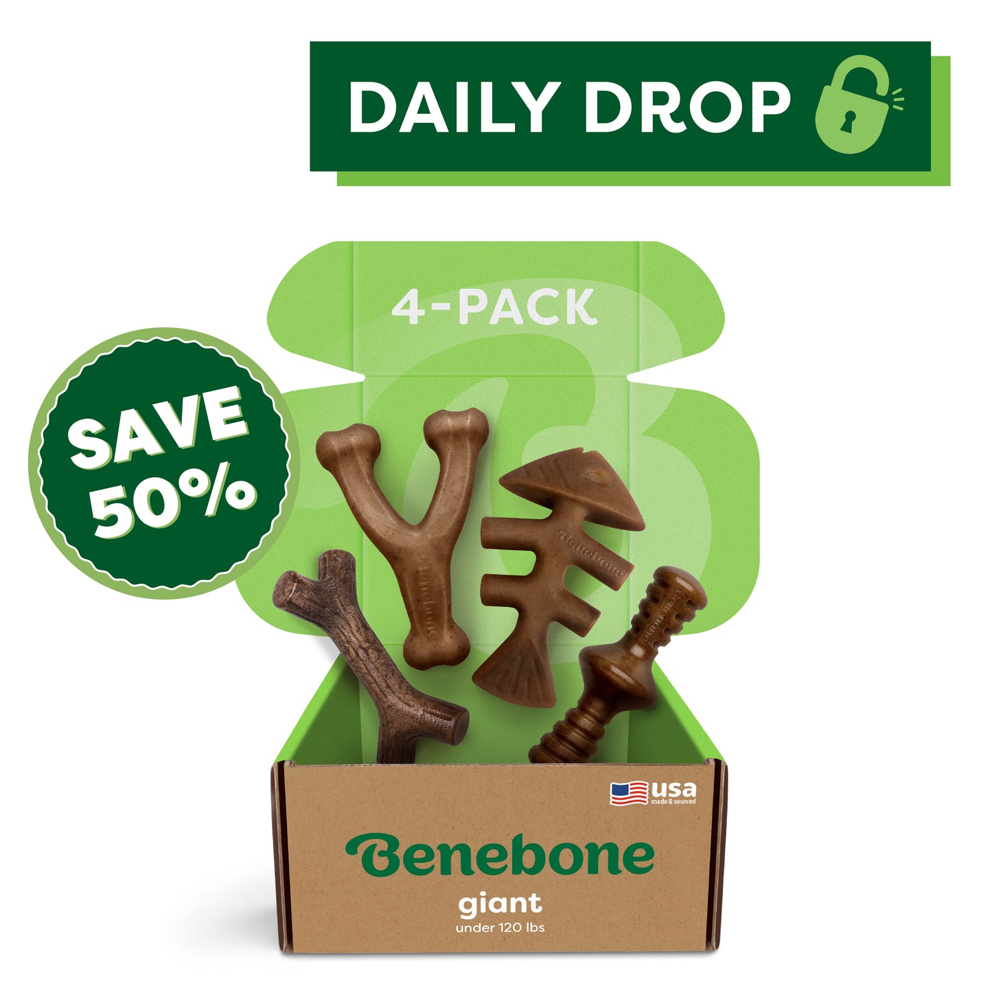 Open Benebone box labeled Classic Chew Collection (4-Pack) featuring four uniquely shaped brown chew toys. A green SAVE 50% badge, 4-PACK text, and DAILY DROP banner are displayed at the top.