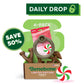 Open a green Benebone box labeled “Limited Edition Chew Collection (4-Pack)” with four durable chew toys, including a peppermint ring. Text says 4-PACK, SAVE 50%, DAILY DROP with lock icon, plus a peppermint candy graphic.