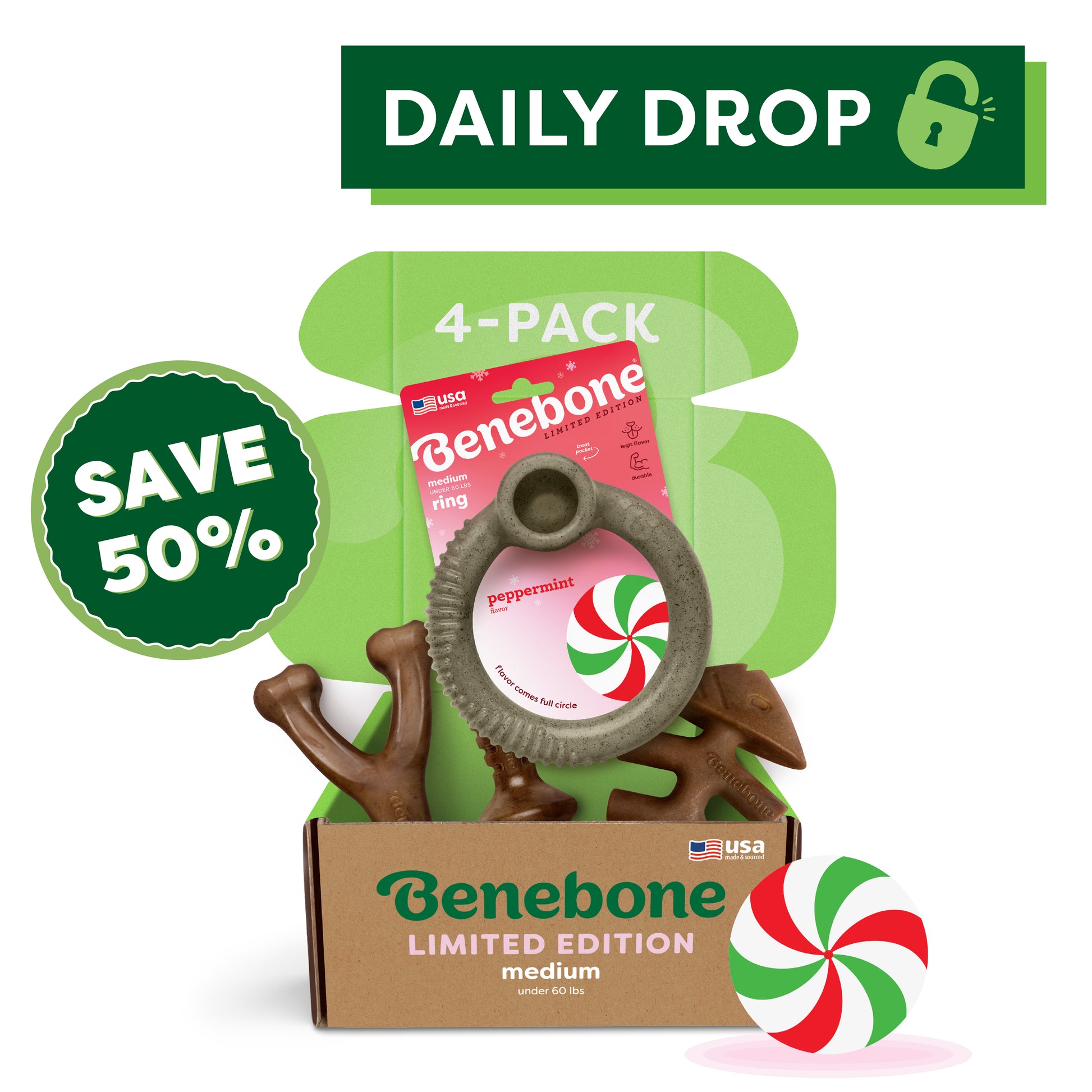 Open a green Benebone box labeled “Limited Edition Chew Collection (4-Pack)” with four durable chew toys, including a peppermint ring. Text says 4-PACK, SAVE 50%, DAILY DROP with lock icon, plus a peppermint candy graphic.