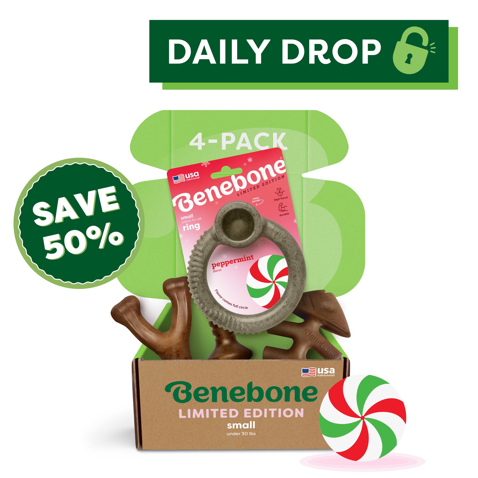 Open the Benebone Limited Edition Chew Collection (4-Pack) featuring durable peppermint-flavored dog toys, displayed with a green SAVE 50% label and DAILY DROP banner. Peppermint candy graphic included—perfect for your pup!.