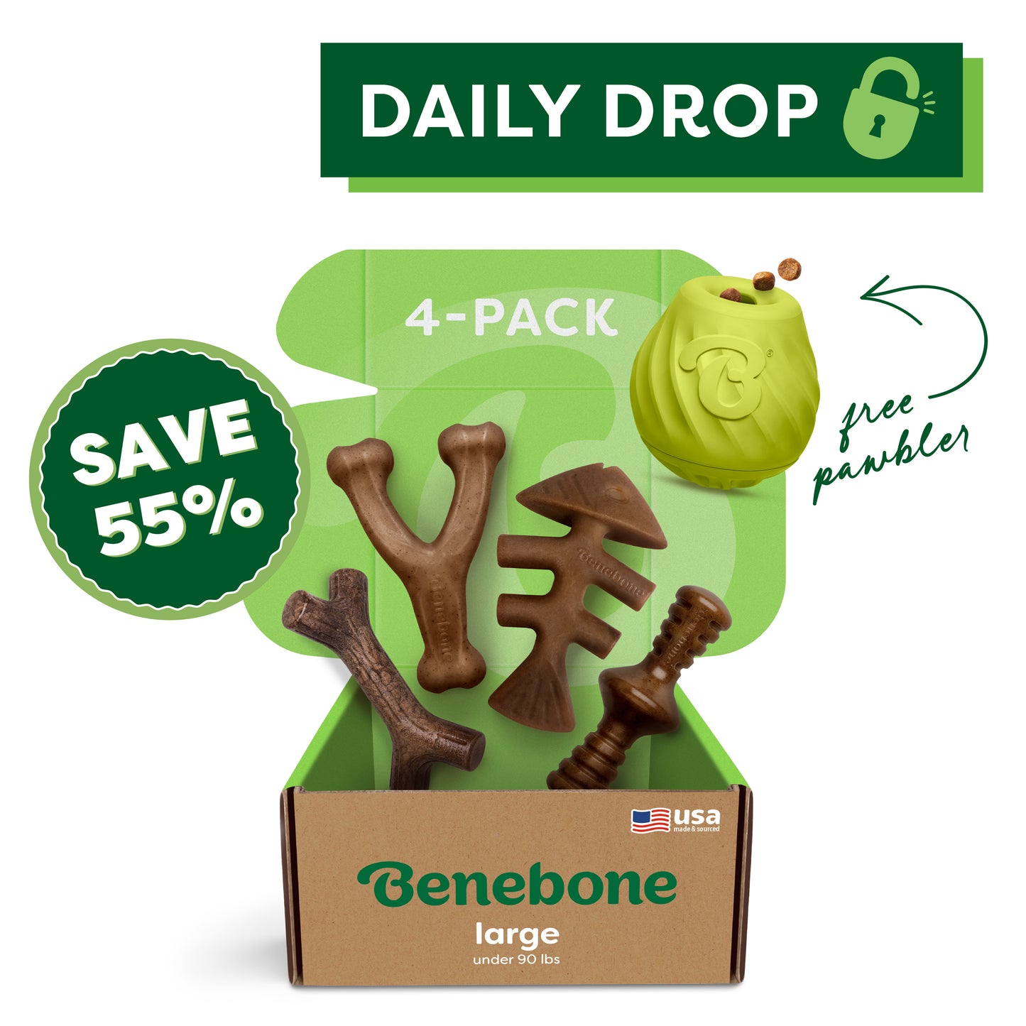 The Benebone Classic Chew Collection + Pawbler includes four large nylon dog chews (bone, stick, fish, wishbone) and a free green paw-shaped treat-dispensing toy. SAVE 55% on this holiday 4-pack bundle.