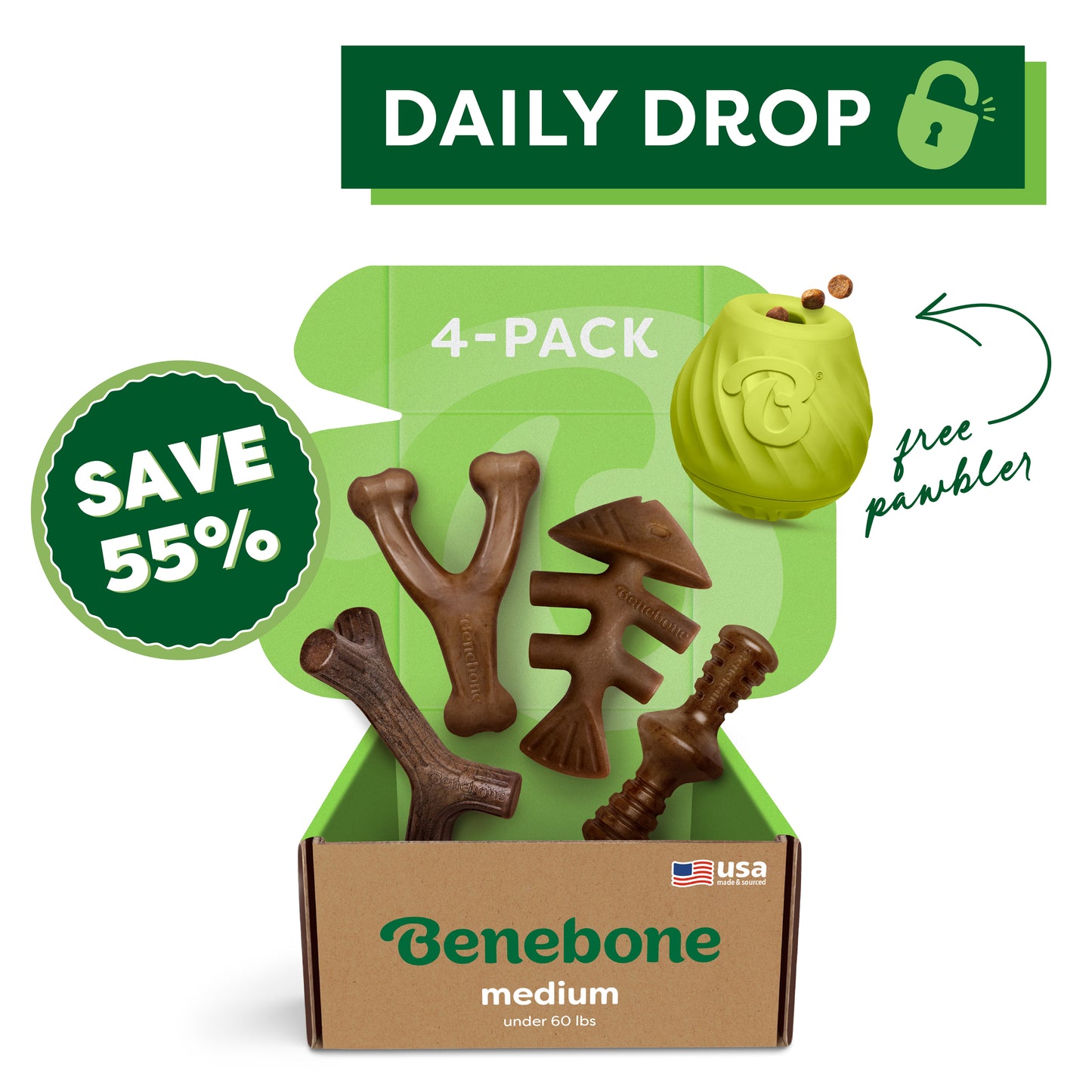 Open Benebone Classic Chew Collection + Pawbler box (medium) with four dog chew toys inside, including a green treat-dispensing Pawbler. Text: Daily Drop, 4-Pack, Save 55%, plus a USA flag icon.