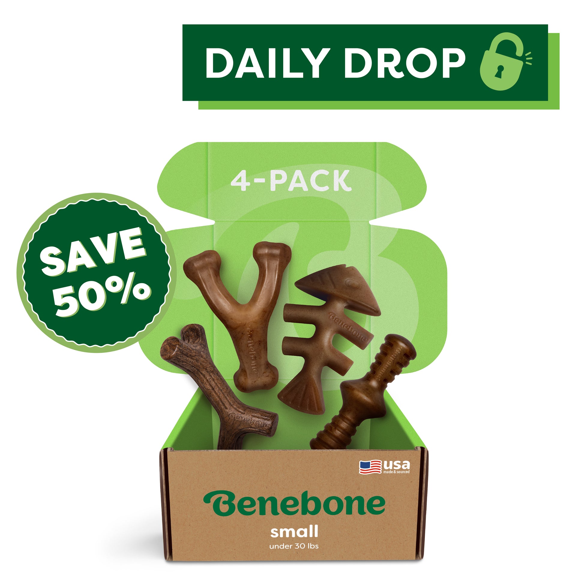 Open cardboard box with four Benebone Classic Chew Collection toys in different shapes. Text: SAVE 50%, 4-PACK, Benebone small under 30 lbs. Green DAILY DROP banner with padlock icon. Durable dog toys for daily fun!.