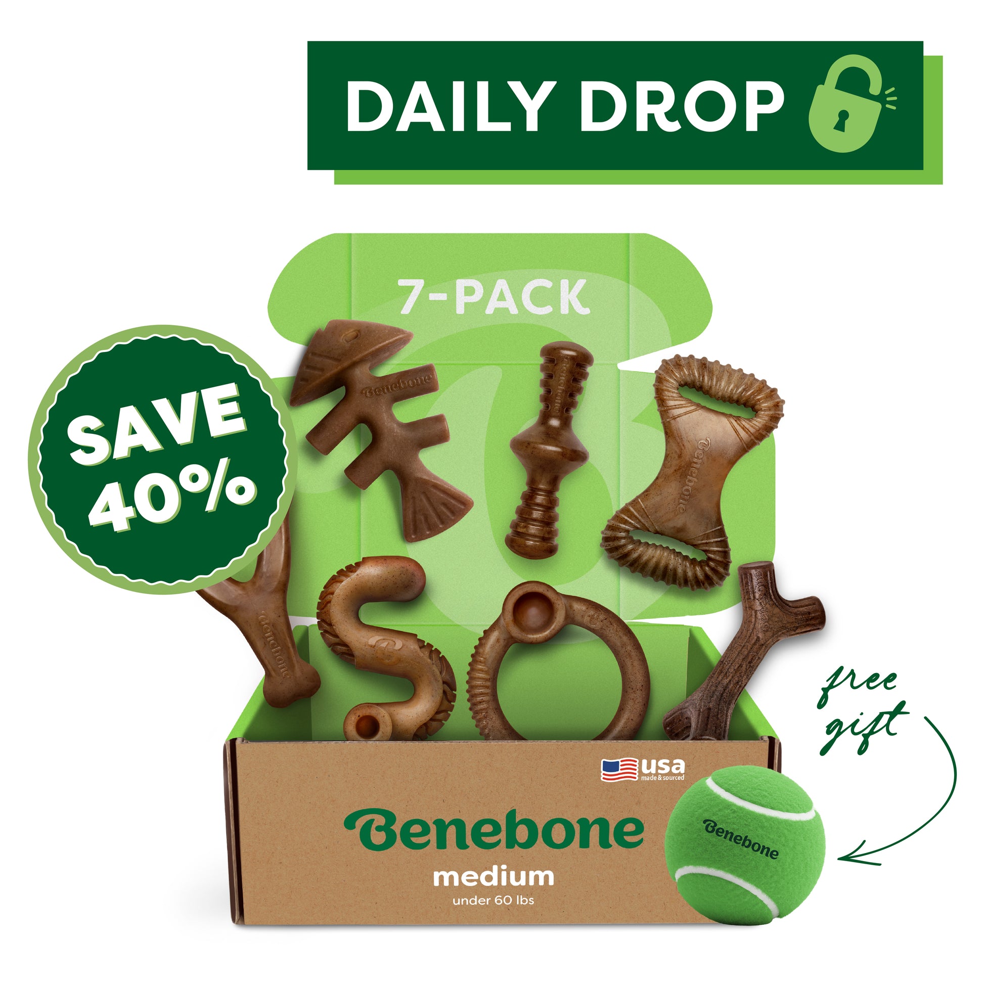 Benebone’s Complete Chew Collection (7-Pack) is shown in an open box with durable chews in different shapes and a green “free gift” tennis ball. Above, the text reads “Daily Drop” and “Save 40%.”.