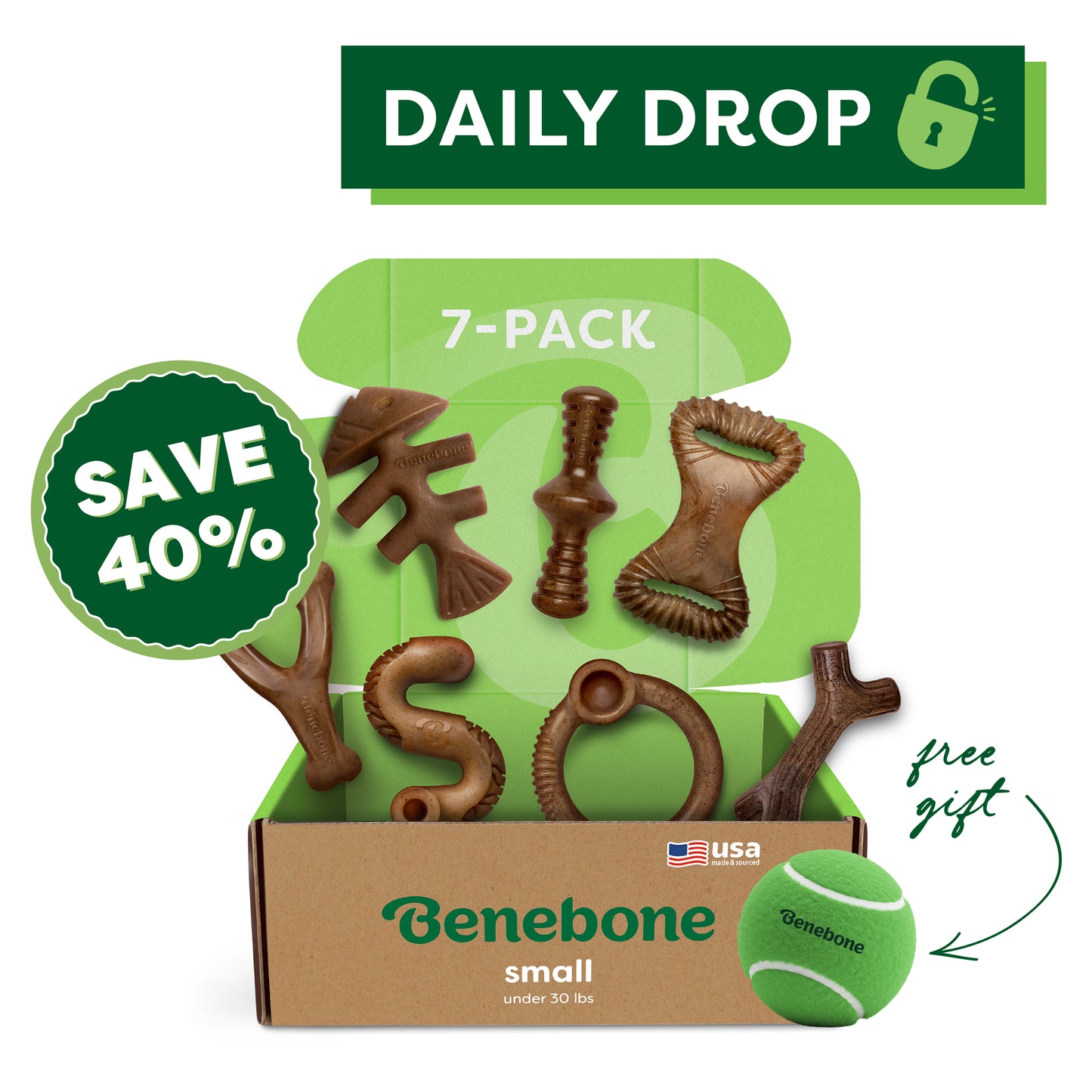 A Benebone Complete Chew Collection (7-Pack) box is open, showing seven durable dog toys in assorted shapes and a green tennis ball marked “free gift.” Text highlights “DAILY DROP,” “7-PACK,” and “SAVE 40%.”.
