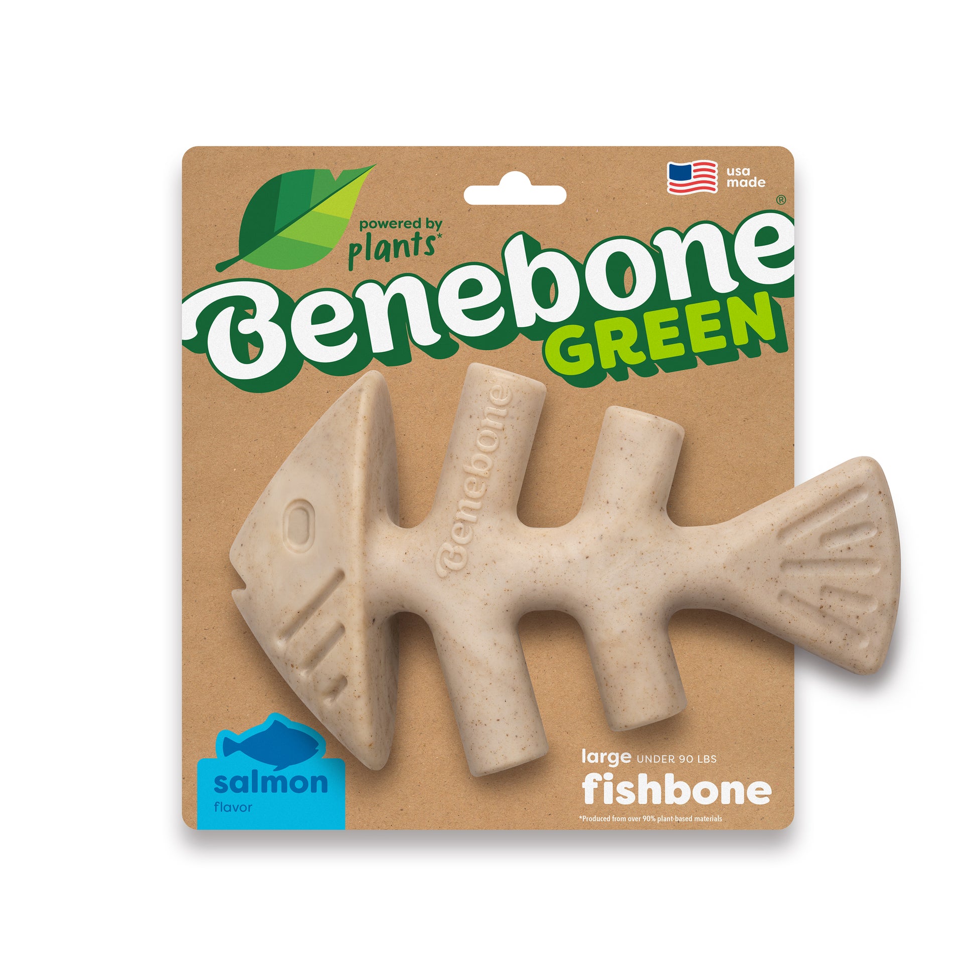 The Benebone Green Fishbone is a tan, fish-shaped salmon-flavored dog chew in cardboard packaging, labeled “Green” in green text. Made in the USA for large dogs under 90 lbs, it's long-lasting and designed for hours of chewing fun.