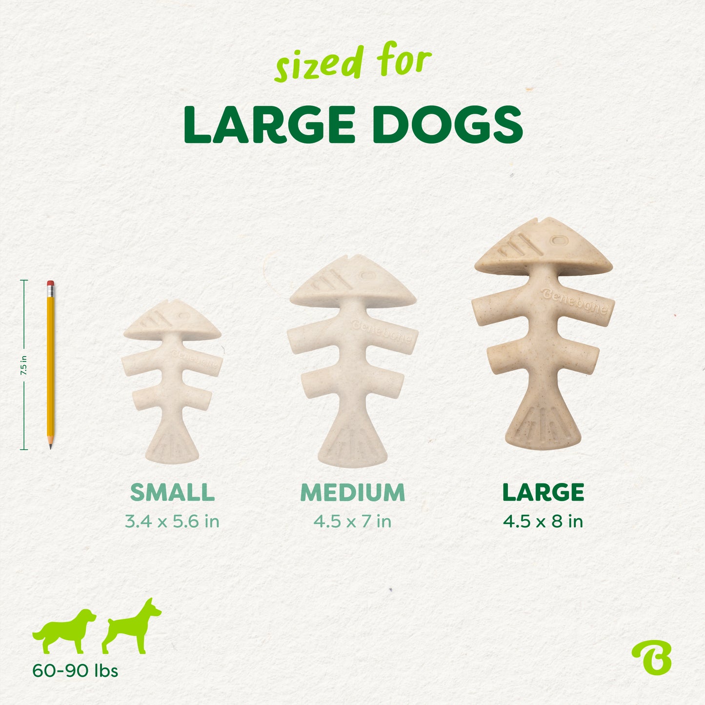 Three Benebone Green Fishbone plant-based dog chews in small, medium, and large are shown beside a pencil for scale. Text indicates the large size is for 60-90 lb dogs, with icons of two large dogs at the bottom.