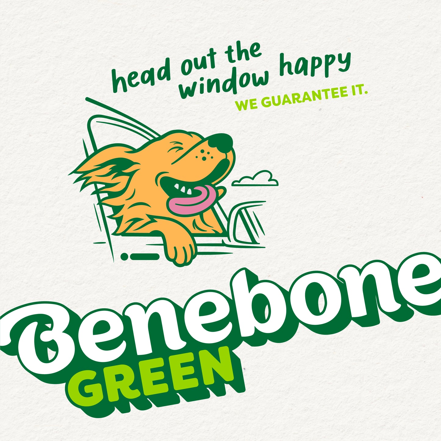 A happy dog with its head out a car window, smiling. Text: Head Out the Window Happy. WE GUARANTEE IT. Benebone Green Fishbone plant-based dog chew in green and yellow fonts.