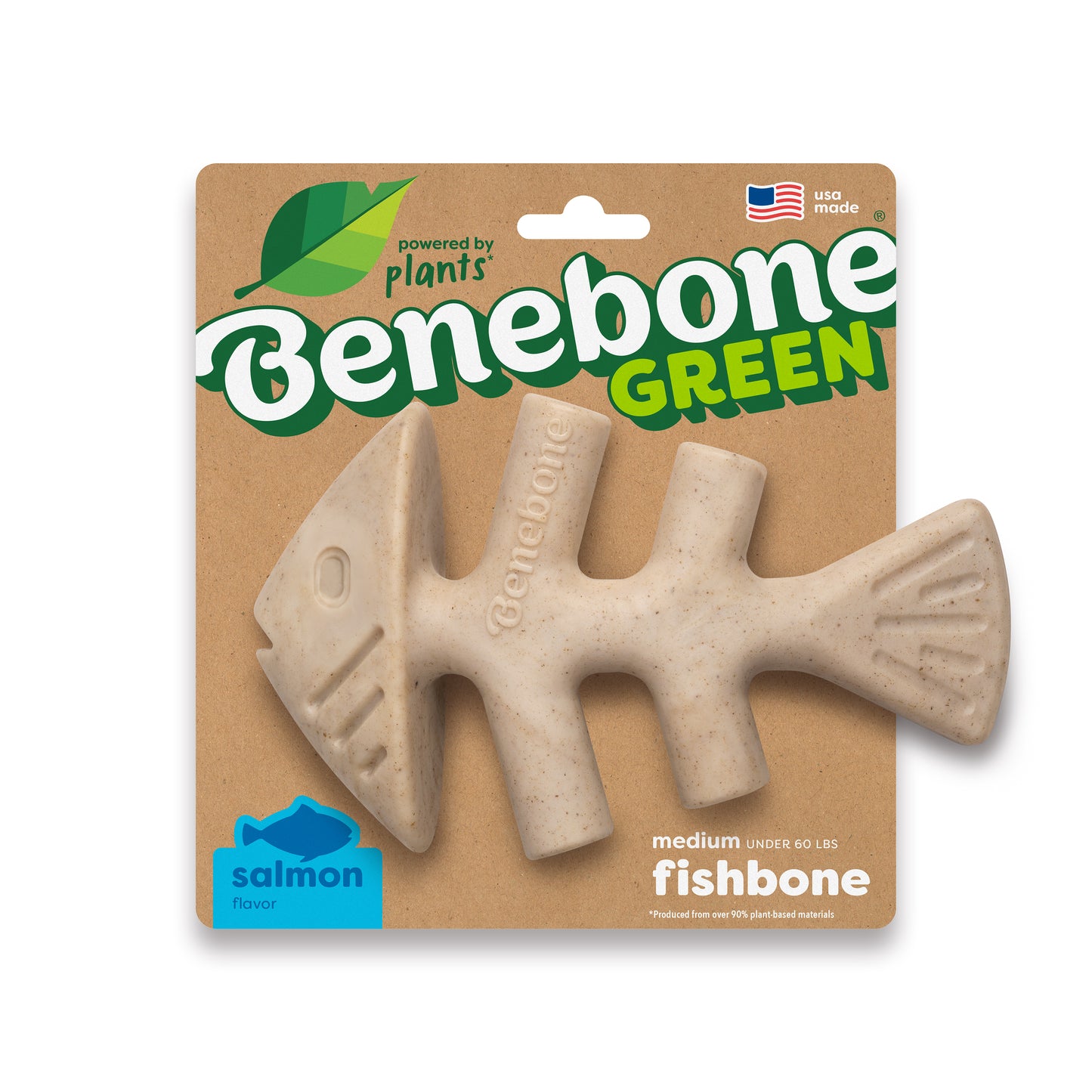 The Benebone Green Fishbone is a beige, salmon-flavored dog toy in fishbone shape, packaged in eco-friendly material with green text, a leaf graphic, and a Made in USA flag icon.
