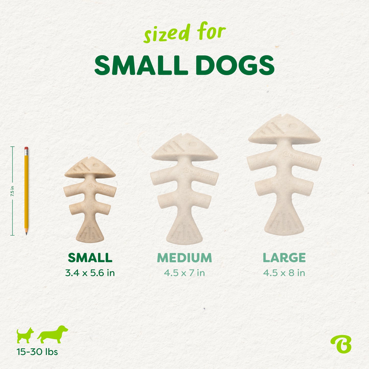 Three Benebone Green Fishbone plant-based dog chews in small, medium, and large sizes are displayed beside a pencil for scale. Infused with Jack Salmon flavor, they’re ideal for small dogs weighing 15–30 lbs.
