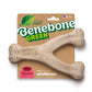 The Benebone Green Wishbone is a large, Y-shaped dog chew toy in bacon flavor, powered by plants and GREEN, shown in eco-friendly packaging with a pig icon and a small American flag.