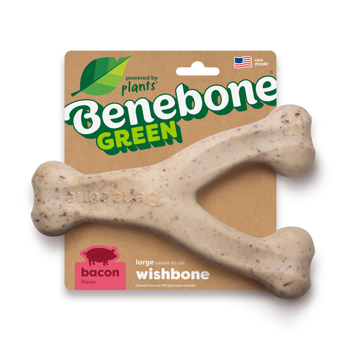 The Benebone Green Wishbone is a large, Y-shaped dog chew toy in bacon flavor, powered by plants and GREEN, shown in eco-friendly packaging with a pig icon and a small American flag.