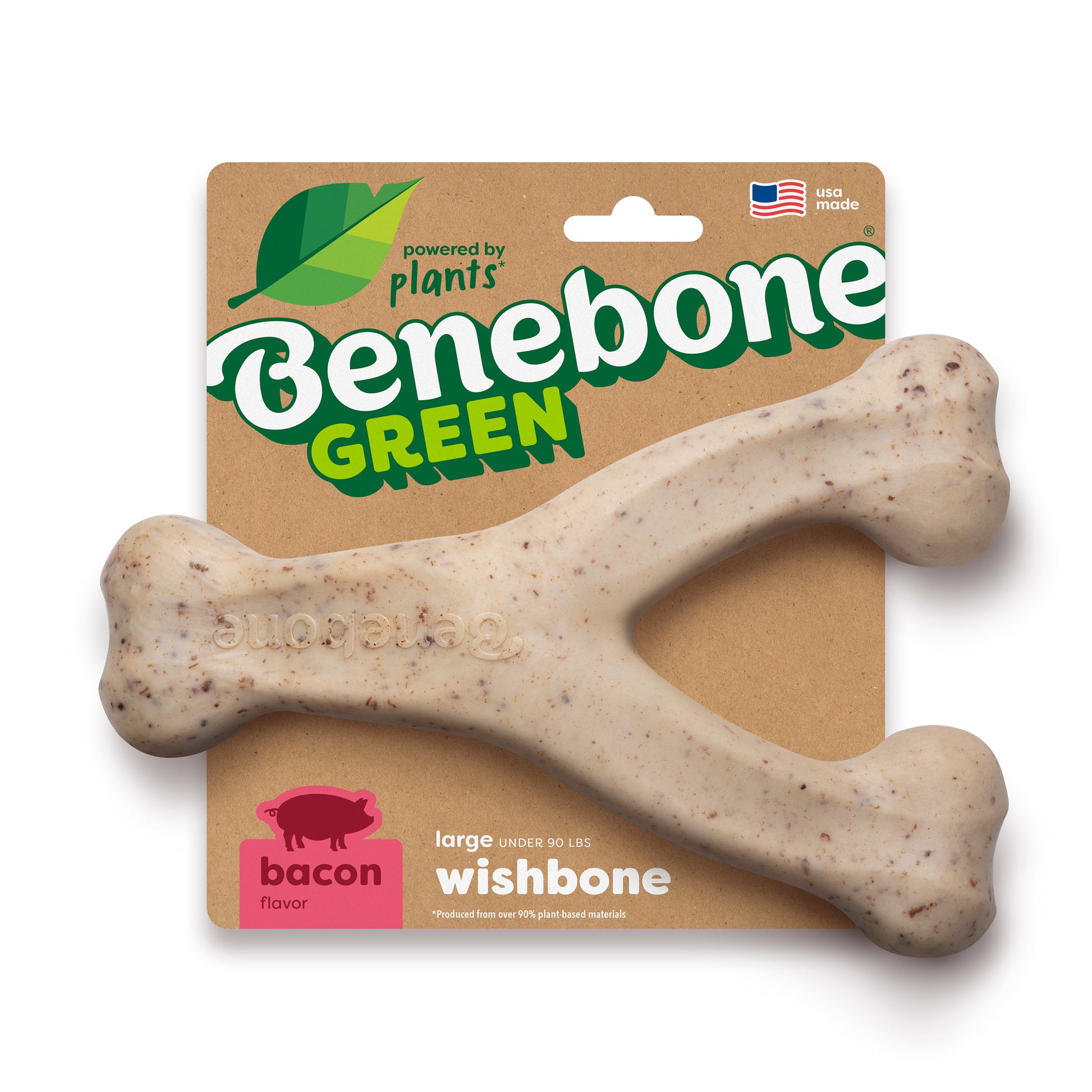 The Benebone Green Wishbone is a large, Y-shaped dog chew toy in bacon flavor, powered by plants and GREEN, shown in eco-friendly packaging with a pig icon and a small American flag.